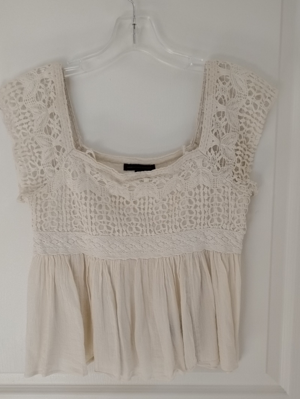 American Eagle Outfitters Cream Crochet Peplum Blouse